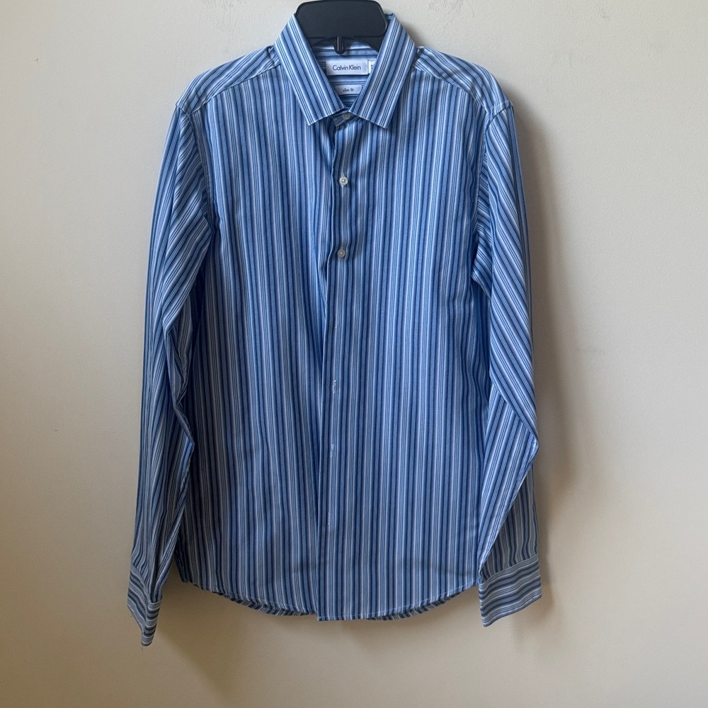 Calvin Klein Blue and White Striped Slim Fit Button Shirt NWOT Boy’s Size 20